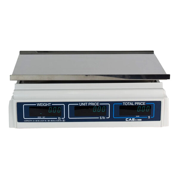 A white rectangular Cas S-2000 dual-range digital scale with a digital display showing numbers and text.