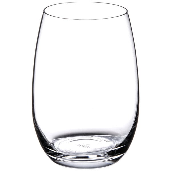 A Stolzle clear stemless wine glass.