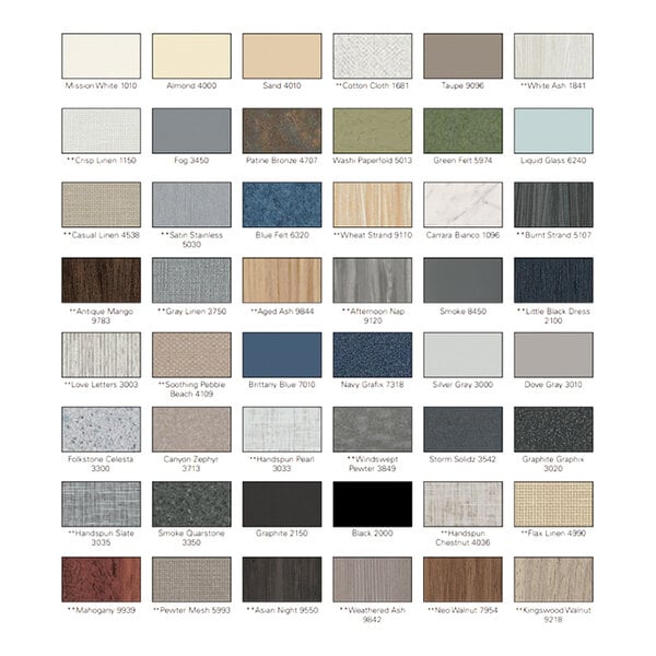 A color palette showing the different colors of ASI Accurate Partitions plastic laminate.