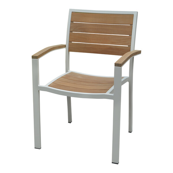 A Three Birds Casual SoHo arm chair with a white frame and wood slats.