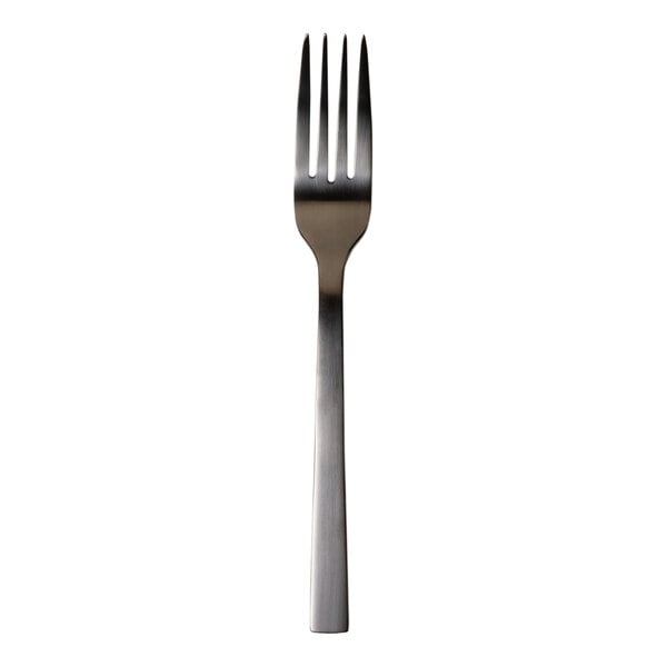 A close-up of a Oneida Chef's Table Black stainless steel dinner fork with a metal post.