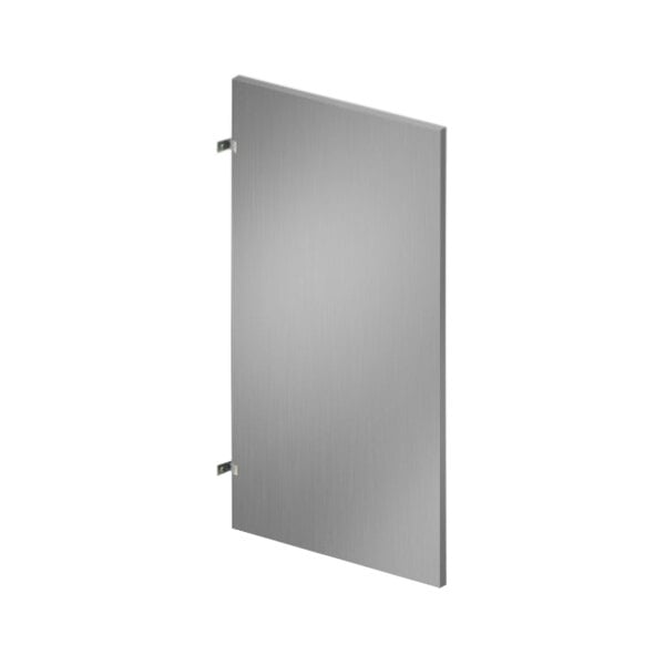 An ASI Accurate Partitions Moisture Guard urinal partition in Antique Mango plastic laminate with a silver rectangular metal door.