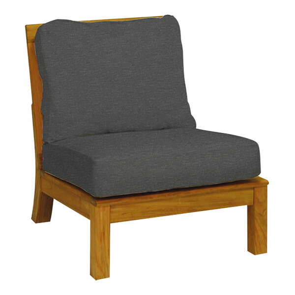 A Three Birds Casual Monterey wooden armless chair with a gray cushion.