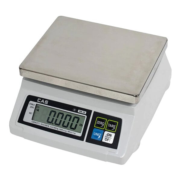 A white CAS SW-20 digital portion scale on a counter with a digital display.