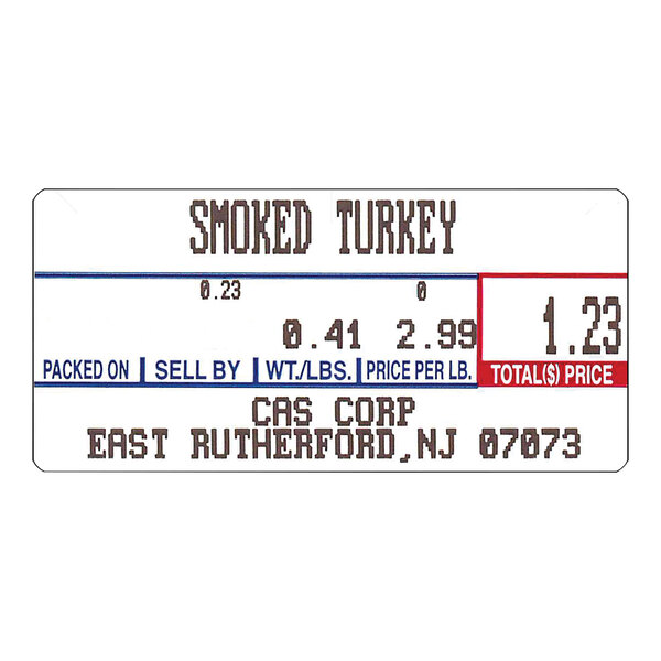 A white CAS pre-printed scale label with the words "smoked turkey" in black.