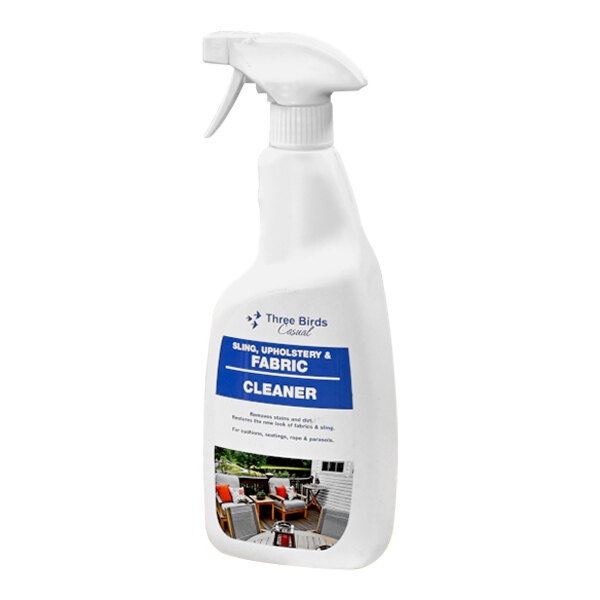 A white bottle of Three Birds Casual fabric cleaner with a blue label.