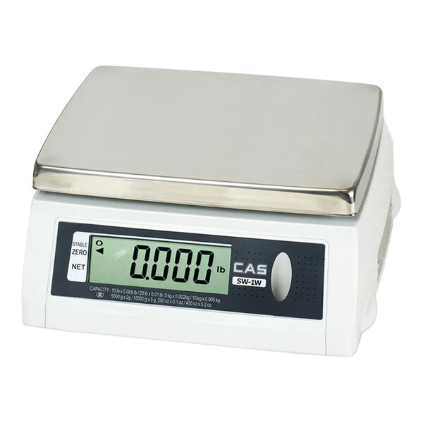 A white Cas SW-1W Series digital portion scale with a metal top.