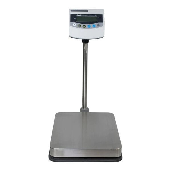 A close-up of a CAS BW Series digital bench scale with a metal panel.