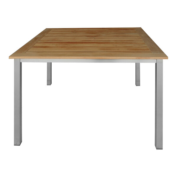 A wood square table with metal legs.