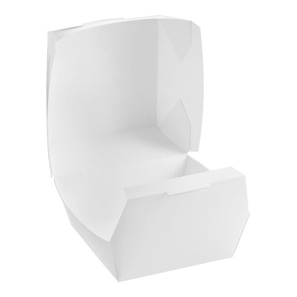 A white paper clamshell take-out box with the lid open.