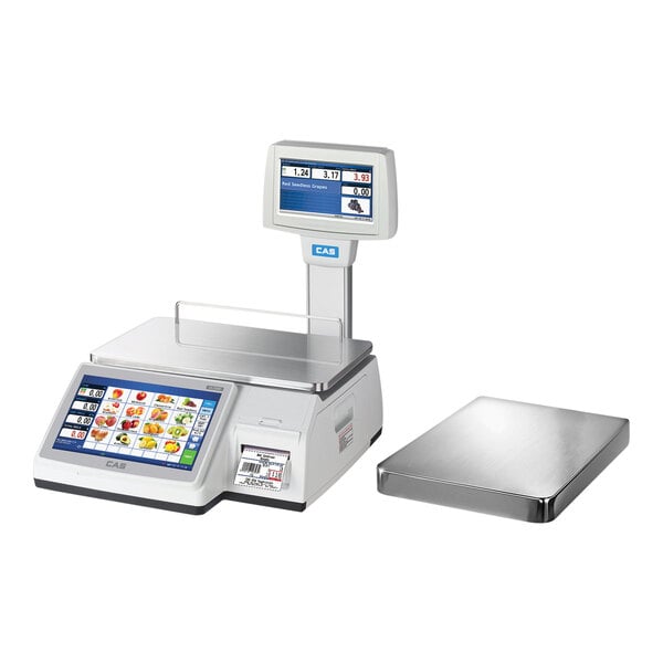 A CAS CL7200 series wireless label printing scale with a white touchscreen showing fruit and vegetables.