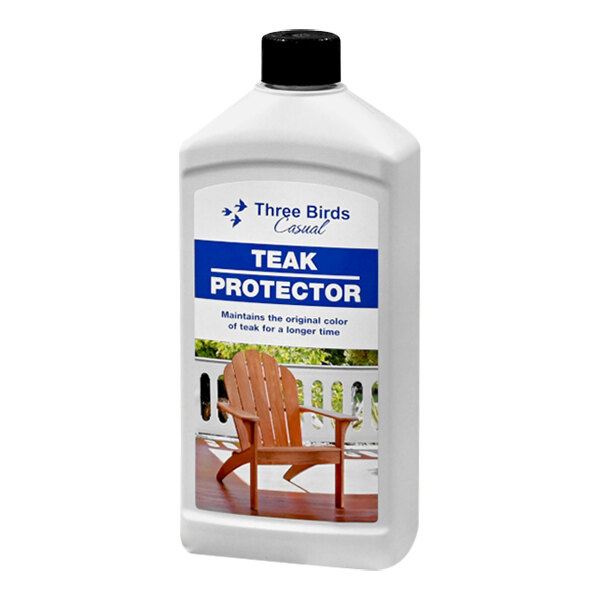 A white bottle of Three Birds Casual Teak Protector with a black label.