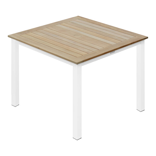 A square teak table top with legs.