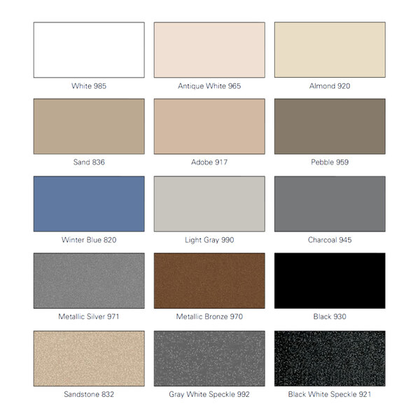 An ASI color palette showing shades of gray for powder-coated steel urinal partitions.