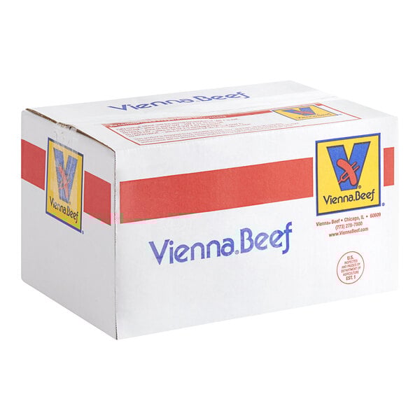A white box with red and blue Vienna Beef text.