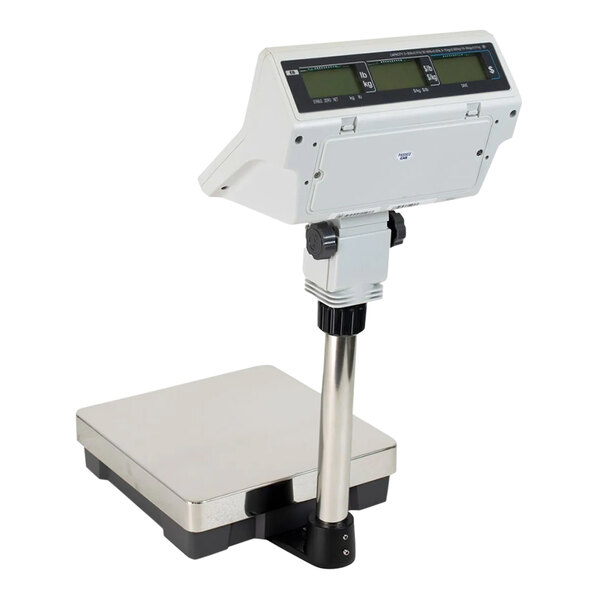 A white electronic CAS EB Series customer-facing digital scale with a screen on a pole.