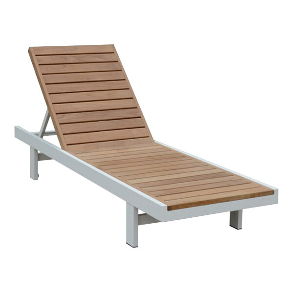 A wooden chaise lounge chair with white legs.