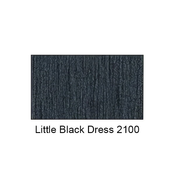 A close-up of a black plastic laminate urinal partition with black text that reads "Little Black Dress"