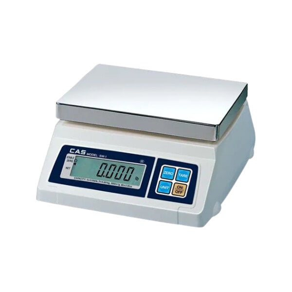 A white CAS digital portion scale with a blue digital display.