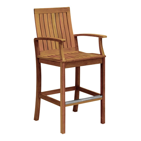 A Three Birds Casual Monterey wooden outdoor bar chair with armrests.