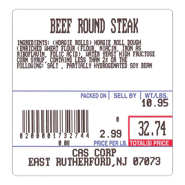 A white CAS pre-printed scale label with a bar code and price for beef round steak.