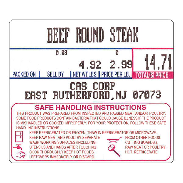 A white CAS Safe Handling scale label with text for beef round steak.