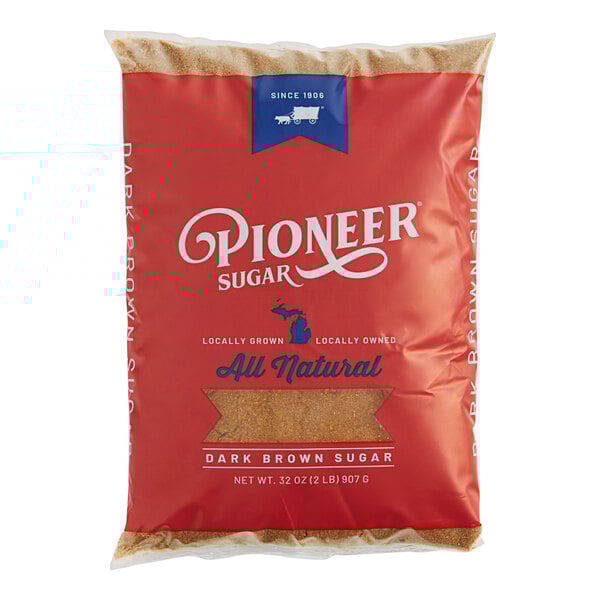 A case of red bags of dark brown sugar.