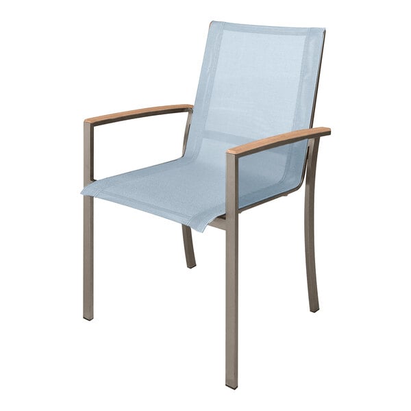 A blue Three Birds Casual Avanti stacking arm chair with a white cloth on it.