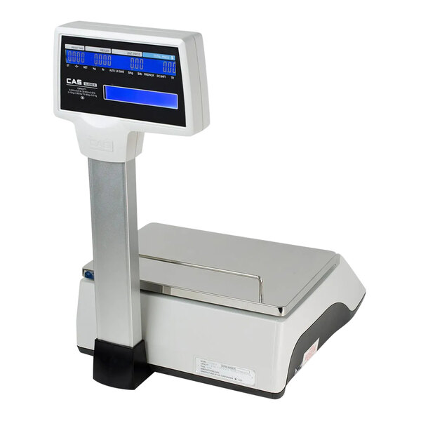 A white CAS CL-5500 series wireless pole scale with a blue screen.