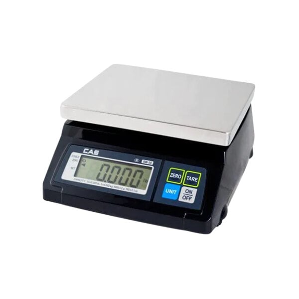 A white CAS digital portion scale with a black and silver customer-facing digital display.