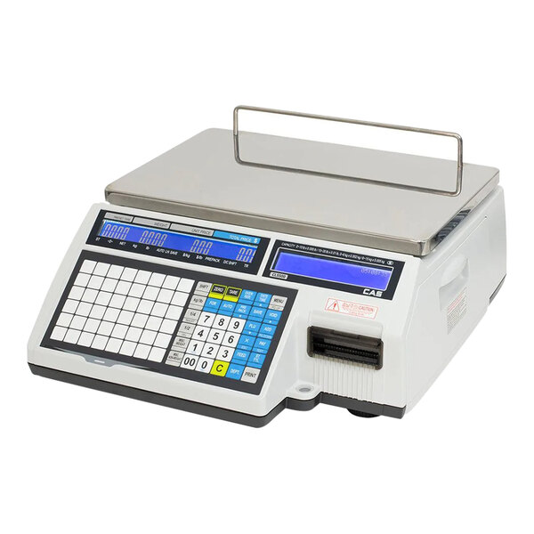 A white electronic CAS CL-5500 Series bench scale with blue screens.