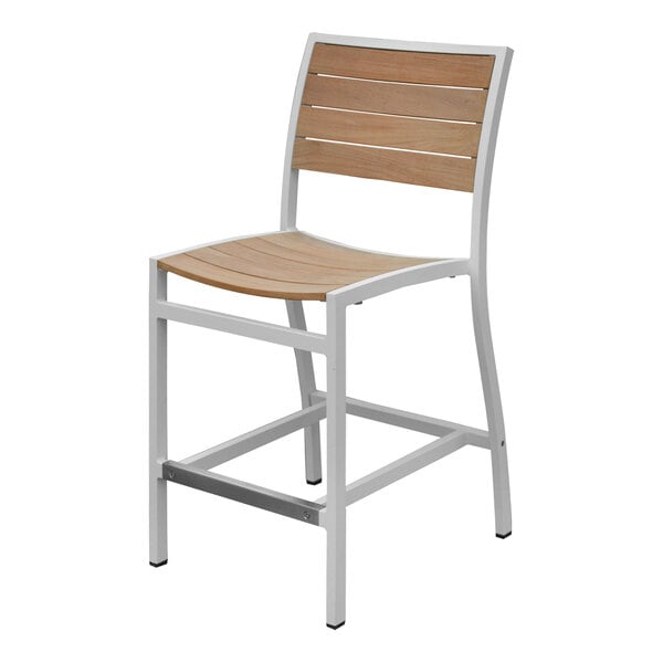 A Three Birds Casual SoHo counter height chair with a white frame and wood seat.