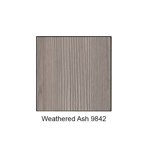 An ASI Accurate Partitions Moisture Guard weathered ash plastic laminate urinal partition with a wood grain surface.