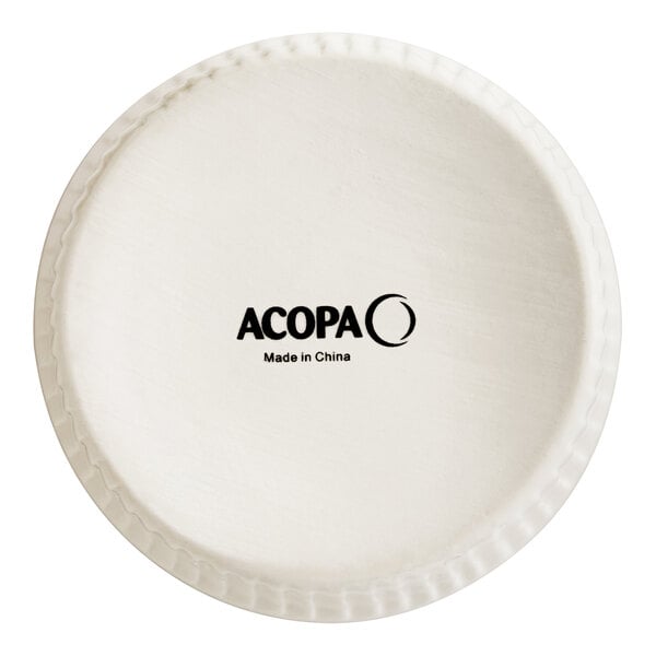 An Acopa ivory porcelain souffle dish with fluted edges and the word "Acopa" in black.