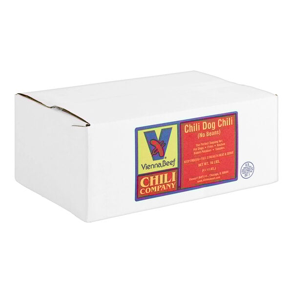 A white box of Vienna Beef Chili Dog Sauce with a red and blue label.