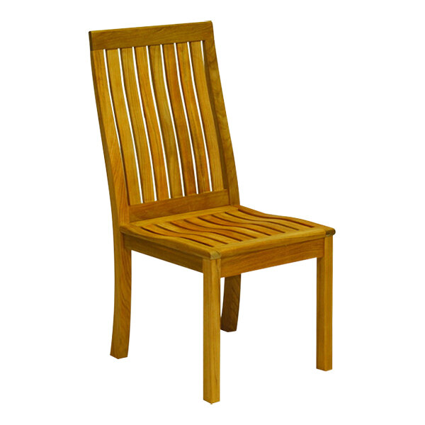 A close-up of a Three Birds Casual Monterey wooden chair with slatted back and seat.