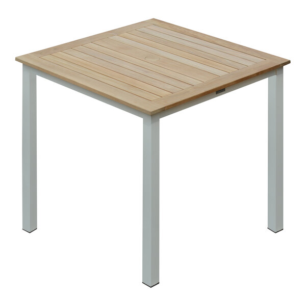 A square wooden table with wooden legs.