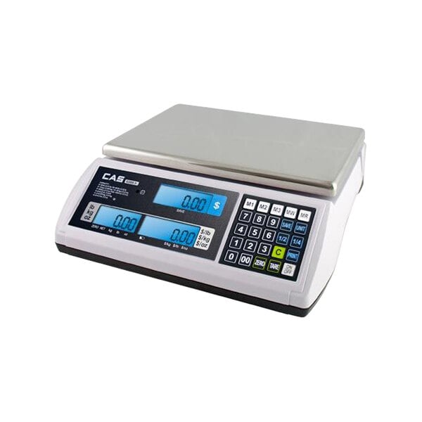 A white Cas S2000 Jr digital scale with a blue screen.