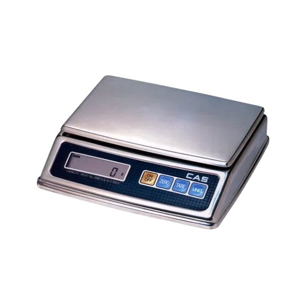 A close-up of a CAS PW Series portion scale with a silver finish, buttons, and a screen.