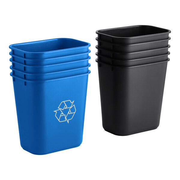 A stack of blue and black Lavex recycling bins.