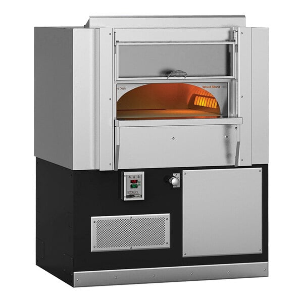 A silver and black Wood Stone Fire Deck pizza oven with a door open and a yellow light inside.