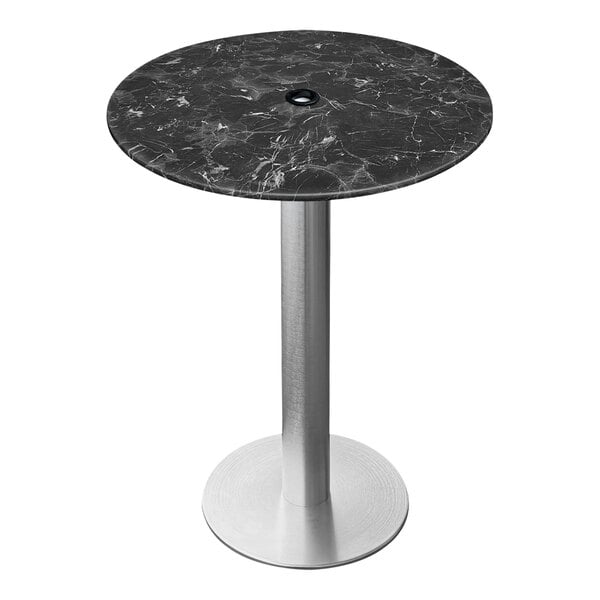 A Holland Bar Stool black marble round bar table top with metal base and umbrella hole.