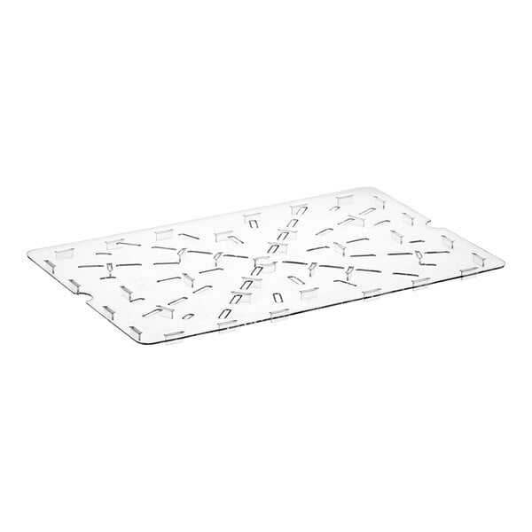 A clear plastic tray with a grid of holes.