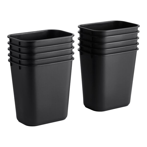 A stack of black rectangular Lavex trash cans.