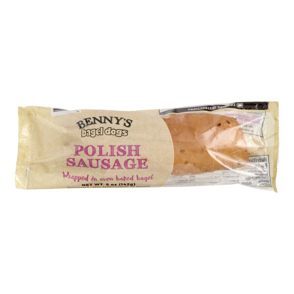 A packaged Benny's Bagel Dogs Polish Sausage wrapped in an oven-baked bagel.