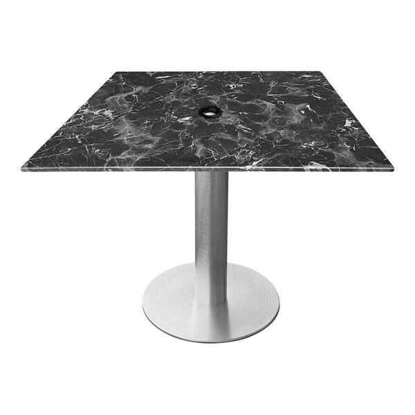 A Holland Bar Stool EuroSlim square black marble table top with a brushed aluminum base.