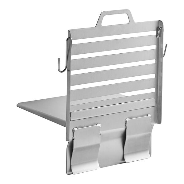 A metal stainless steel rack for a griddle with hooks.