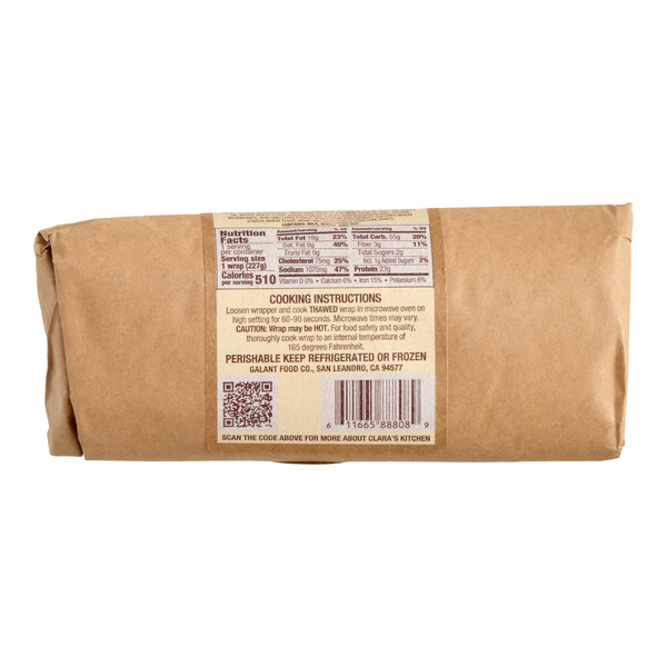 A wrapped Clara's Kitchen Chicken Bacon Ranch Wrap with a nutrition label and cooking instructions visible on the packaging.