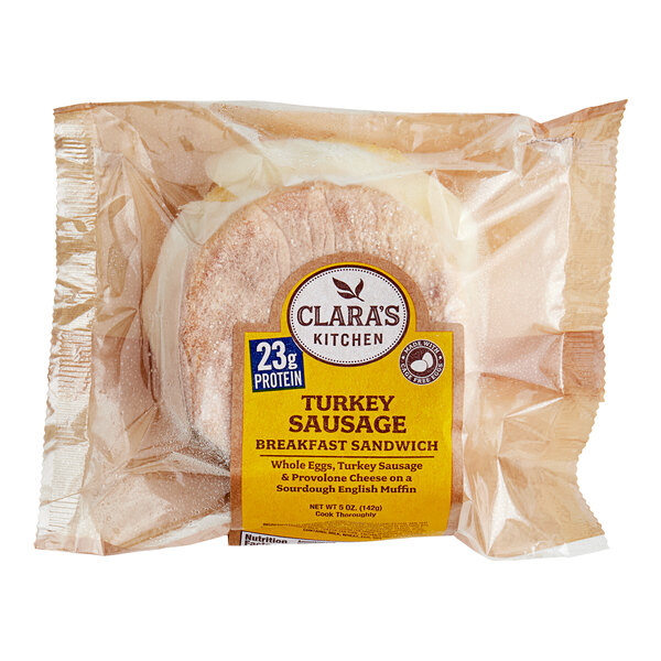 A package of Clara's Kitchen turkey sausage breakfast sandwiches.