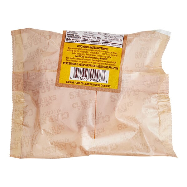 A package of Clara's Kitchen Turkey Sausage Breakfast Sandwiches with a label.